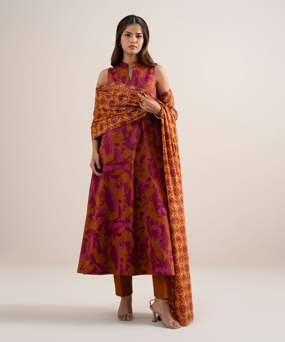 Women's Unstitched Lawn Printed Orange 3 Piece Suit