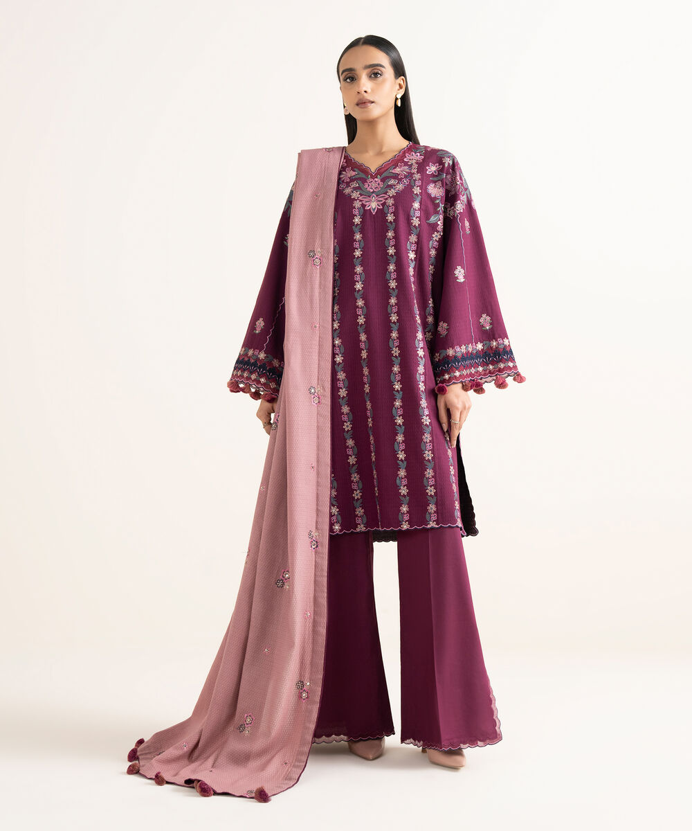 Women's Unstitched Dobby Embroidered Purple 3 Piece Suit
