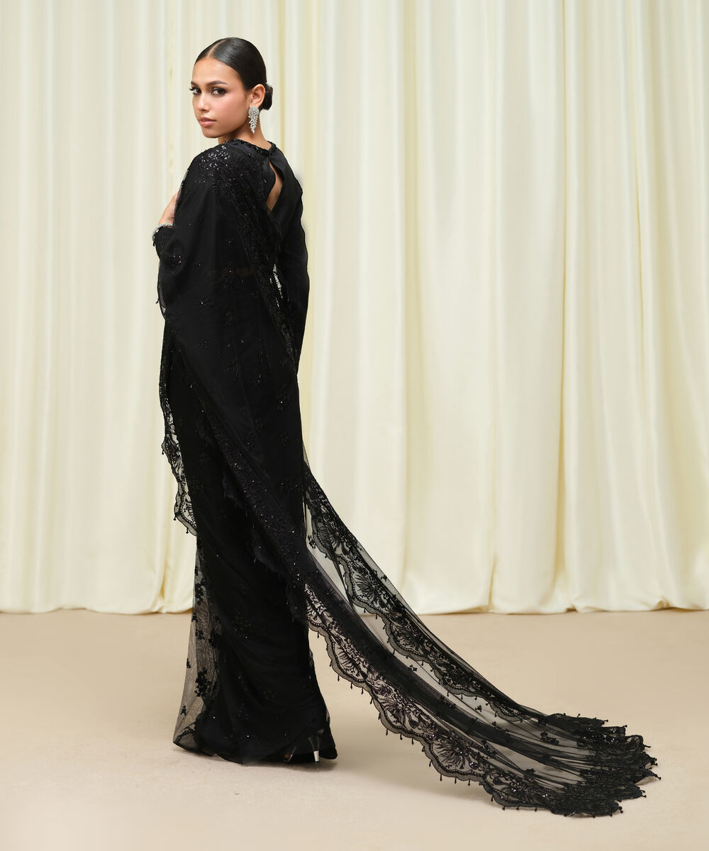 Women's Unstitched Embroidered Net Black Saree