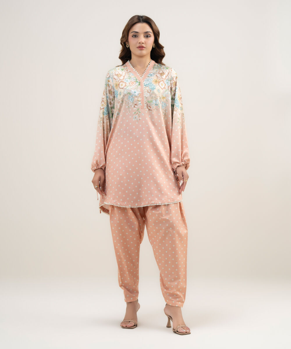 Women's RTW Dobby Printed Pink 2 Piece Suit