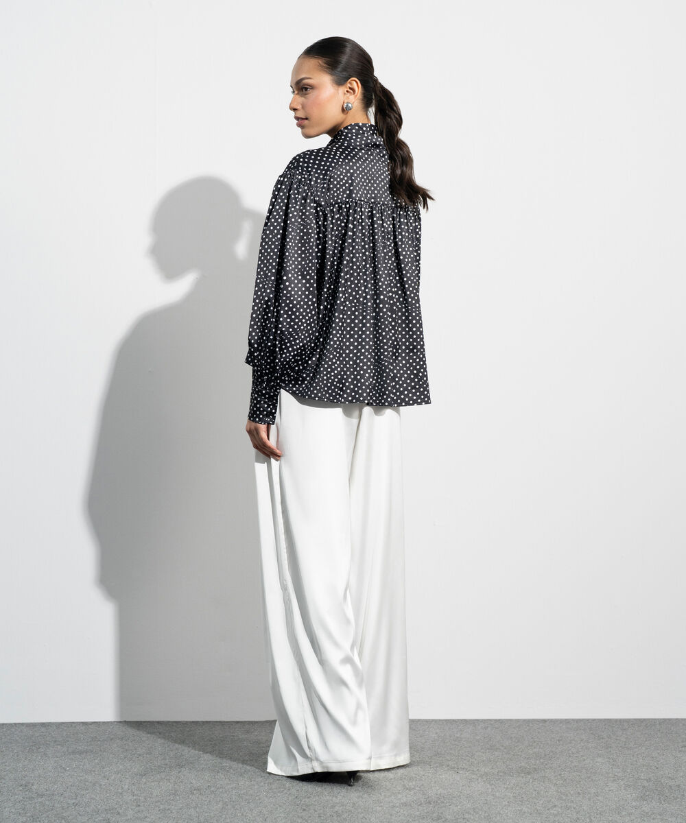 Women's Western Black And White Polka Dot Satin Blouse