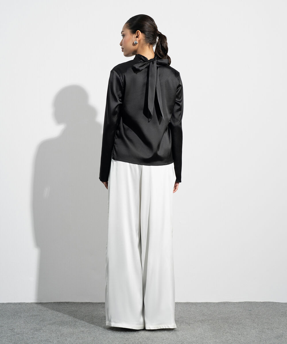 Women's Western Cream Pleated Super Wide Leg Satin Trousers