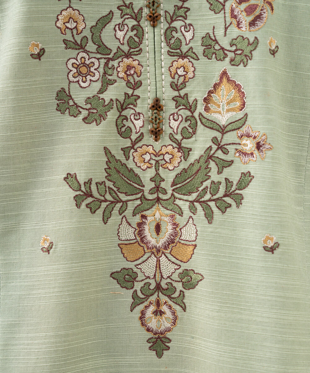 Women's Unstitched Cotton Embroidered Green 3 Piece Suit