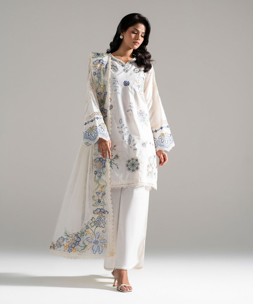 Khaddi Net Embroidered Off White Dupatta