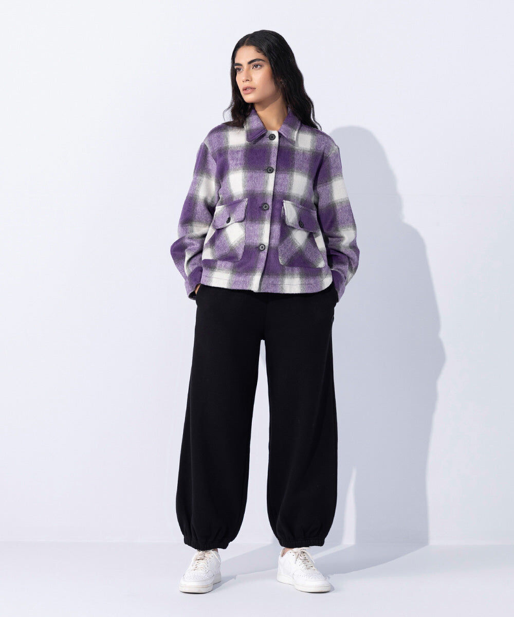 Woman - Purple Fuzzy Checkered Overshirt