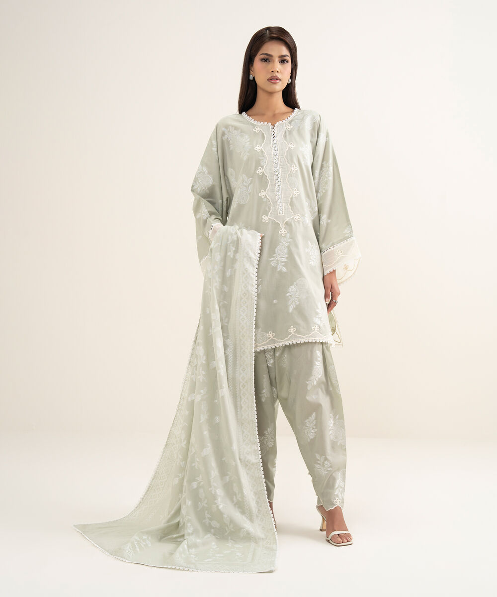 Women's RTW Zari Jacquard Embroidered Green 2 Piece Suit