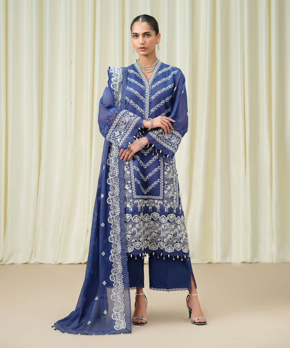 Women's Unstitched Muslin Embroidered Blue 3 Piece Suit