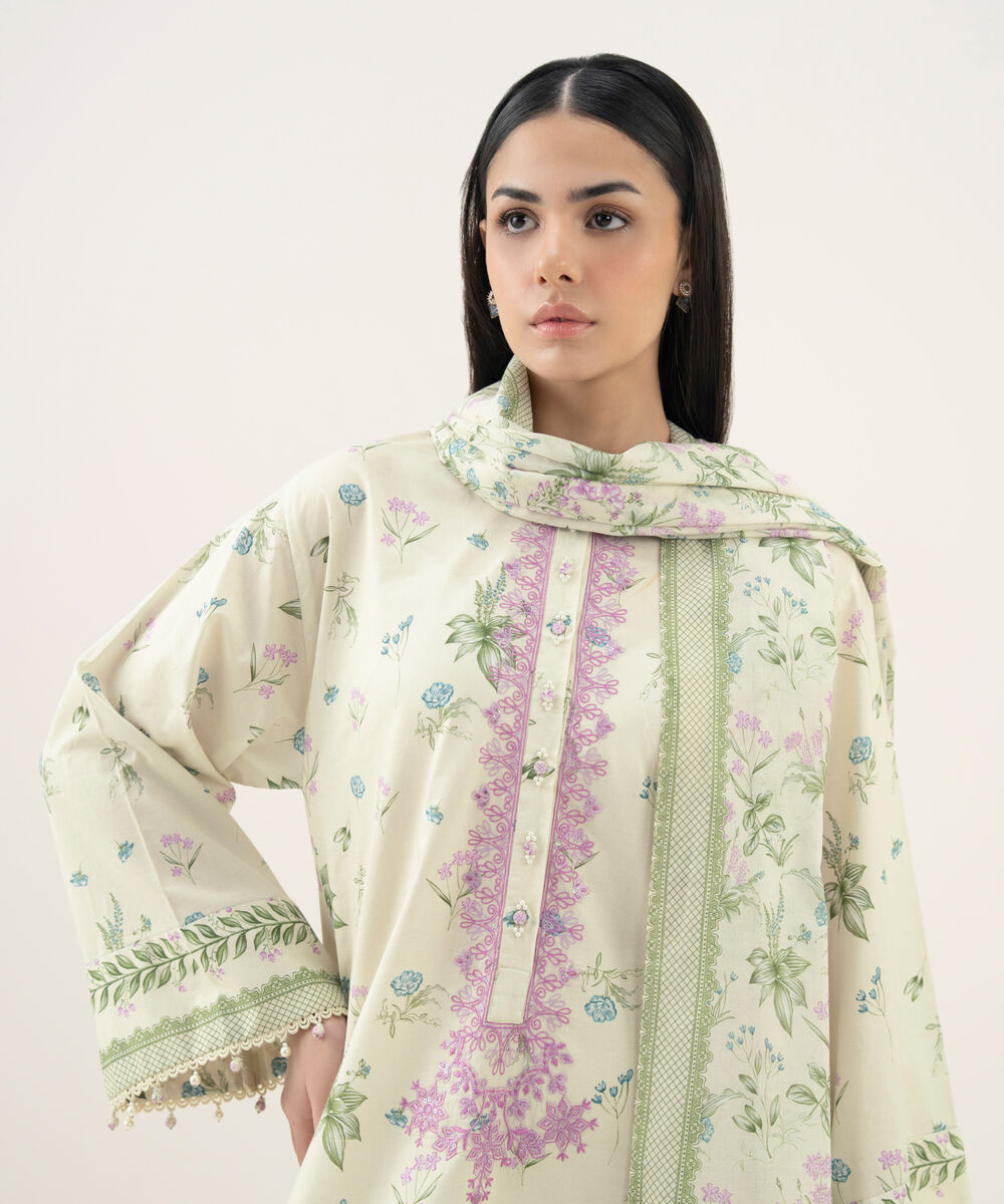 Women's Unstitched Lawn Embroidered Off White 3 Piece Suit