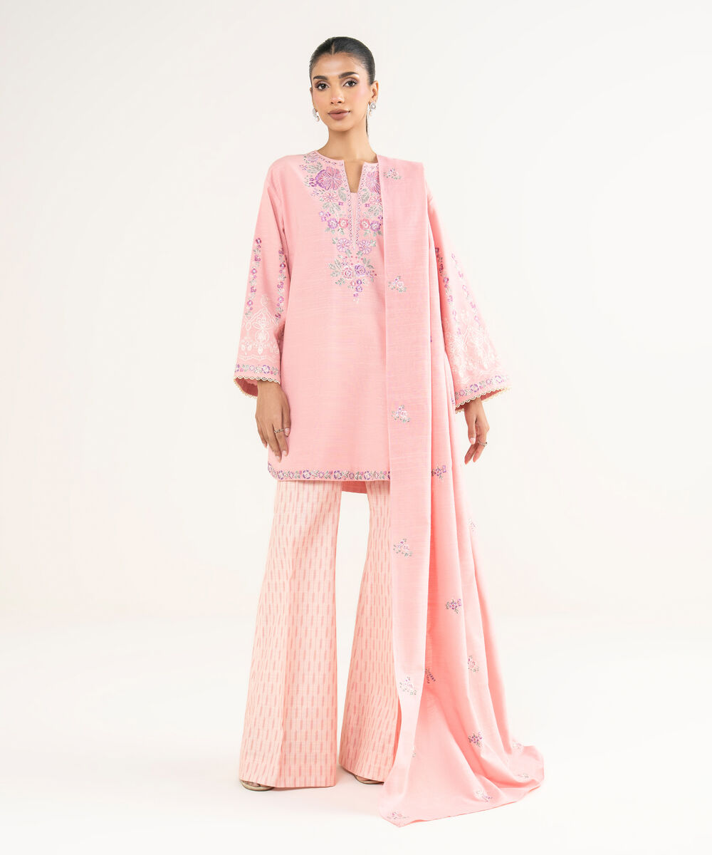 Women's Unstitched Khaddar Embroidered Pink 3 Piece Suit