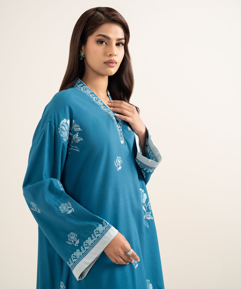 Women's RTW Cotton Viscose Embroidered Blue Drop Shoulder Shirt