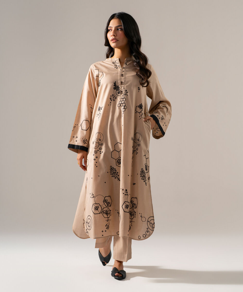 Women's RTW Cross Hatch Solid Embroidered Beige Straight Shirt