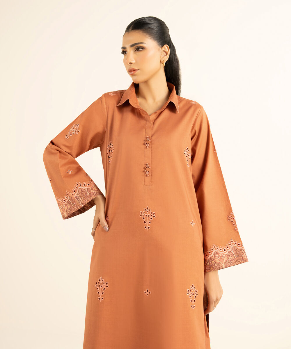 Women's Unstitched Textured Cotton Embroidered Orange 2 Piece Suit