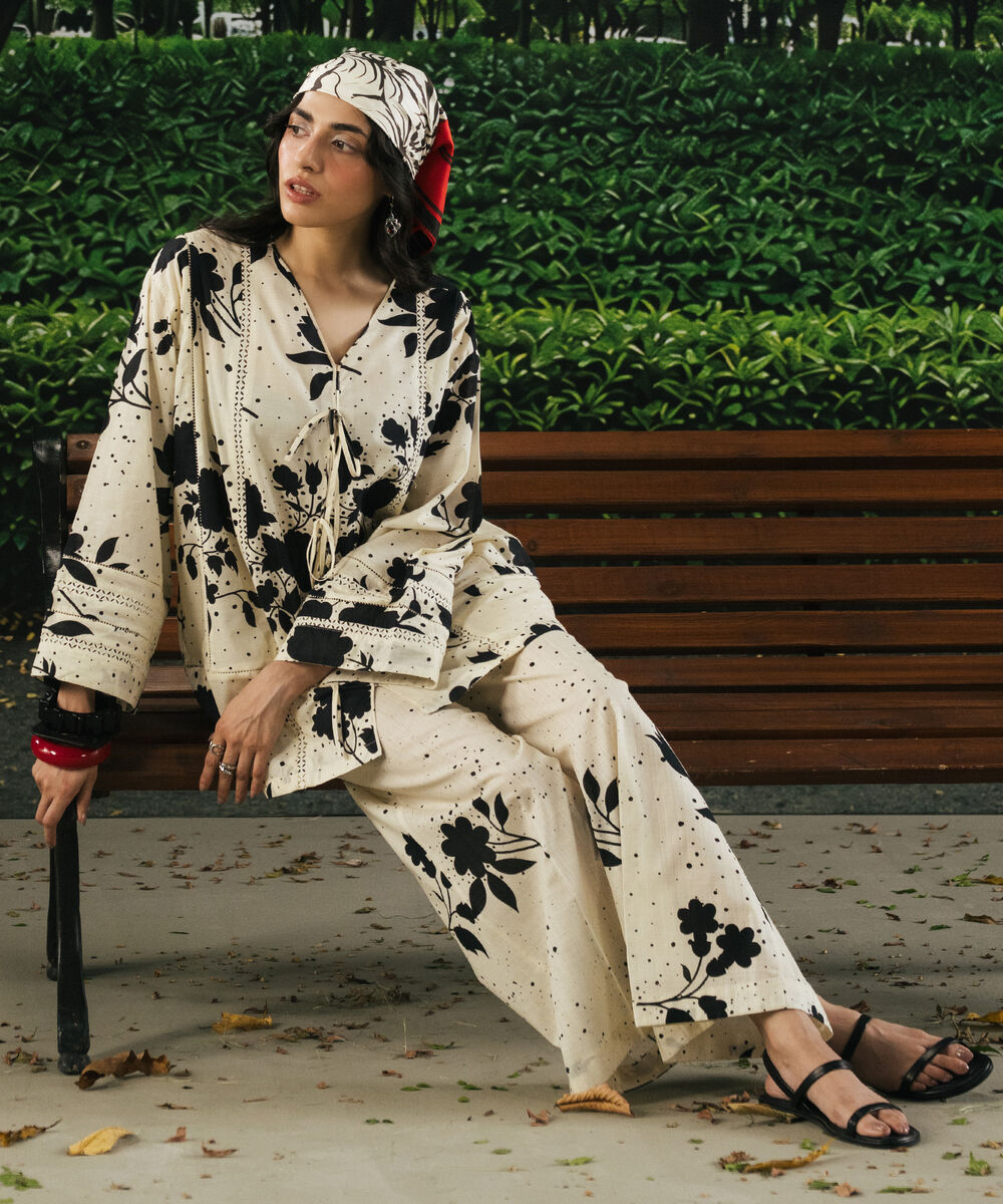 Women's RTW Slub Lawn Printed White Drop Shoulder Shirt