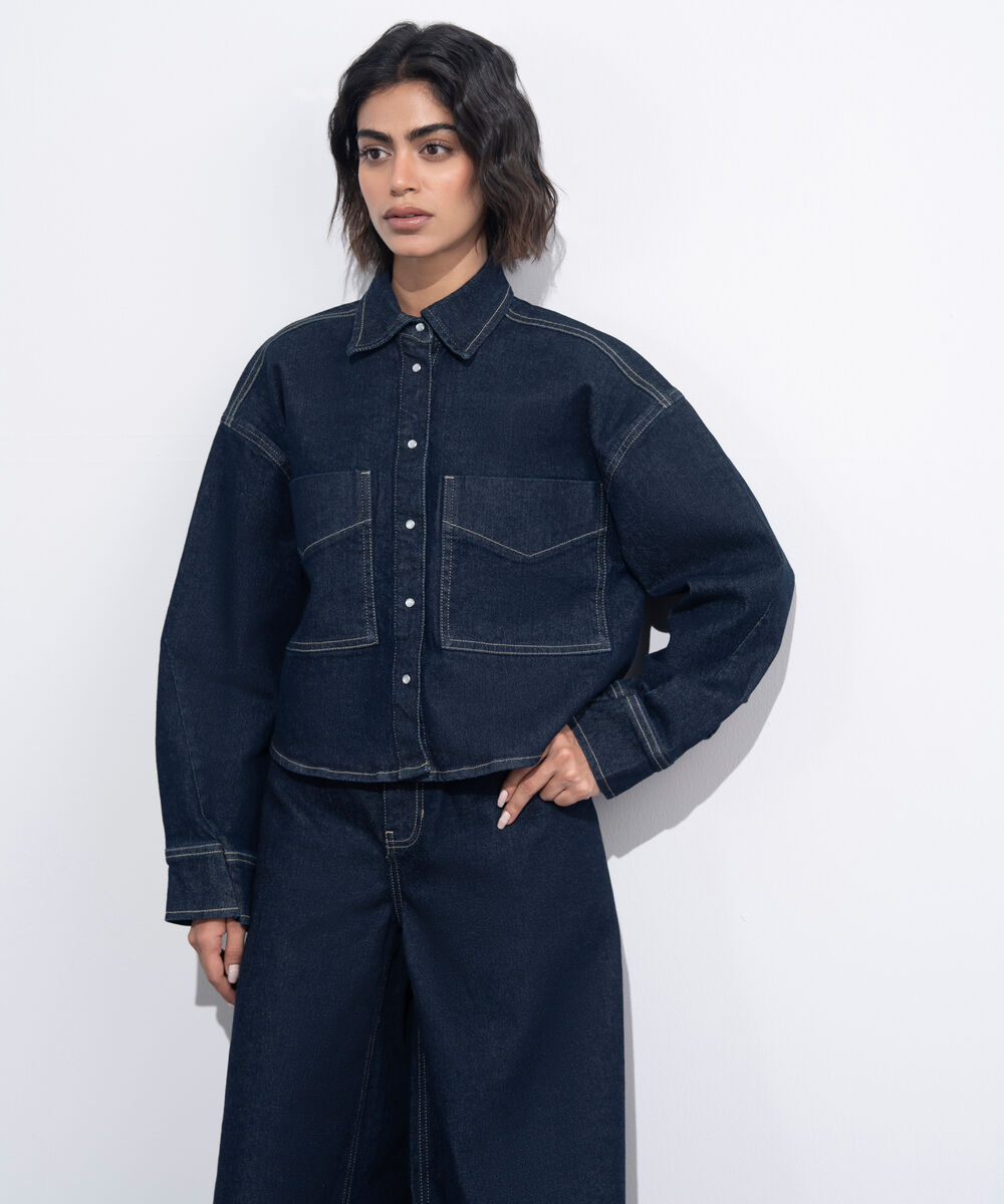 Women's Western Wear Blue Rinse Wash Denim Cropped Jacket