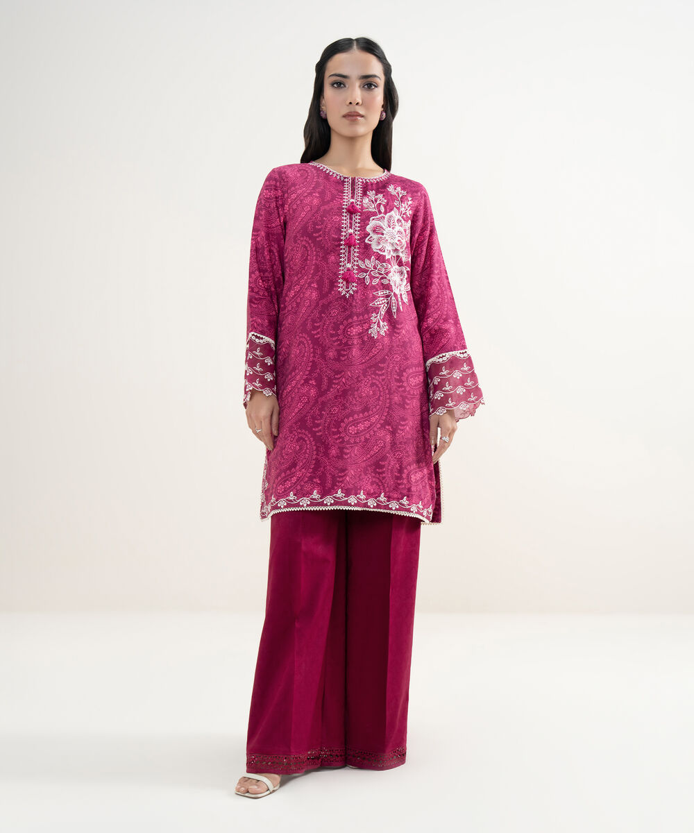 Women's RTW Viscose Raw Silk Embroidered Dark Pink Straight Shirt