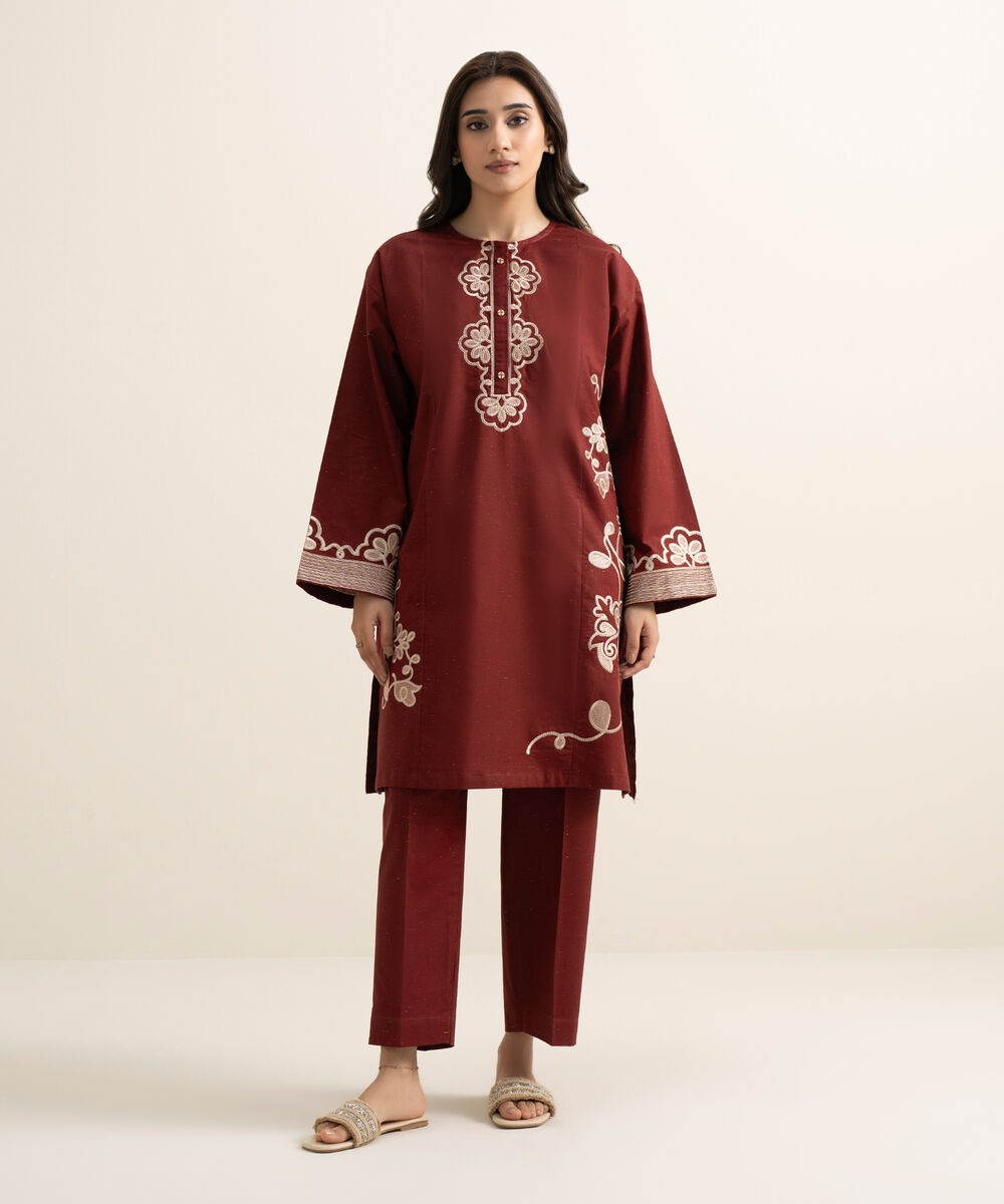 Women's RTW Multi Neps Embroidered Maroon Boxy Shirt
