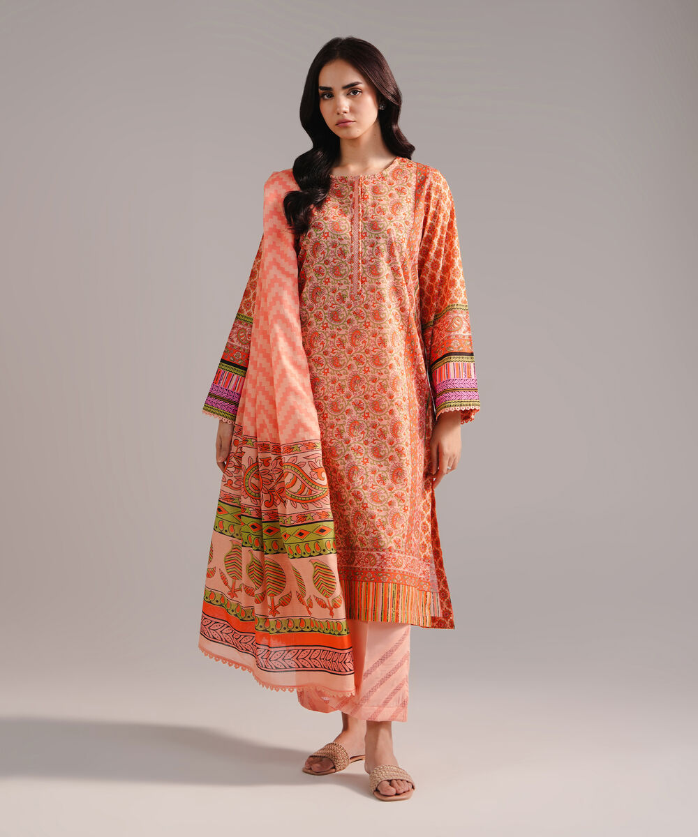 Women's RTW Lawn Printed Peach 3 Piece Suit