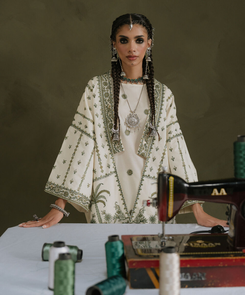 Women's RTW Textured Cotton White Embroidered Front Open Waistcoat