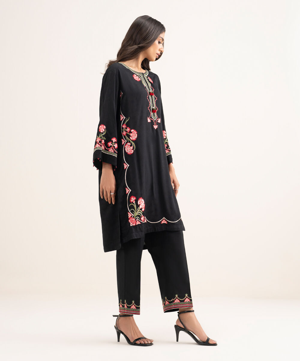 Women's RTW Arabic Self Jacquard Embroidered Black Straight Shirt