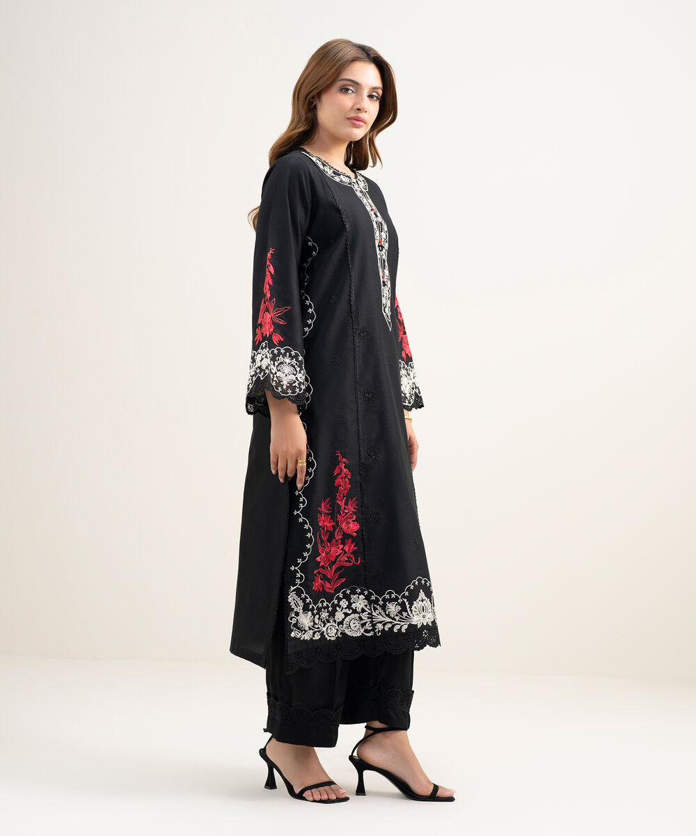 Women's RTW Viscose Thai Silk Embroidered Black 2 Piece Suit