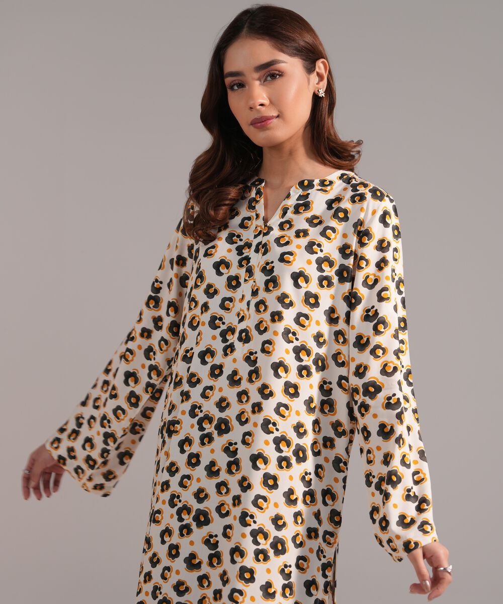 Women's RTW Arabic Lawn Printed Off White Straight Shirt