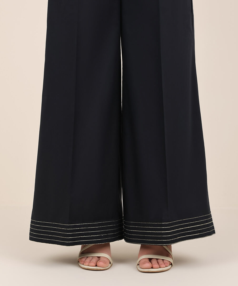 Women's RTW Cambric Black Solid Flared Pants
