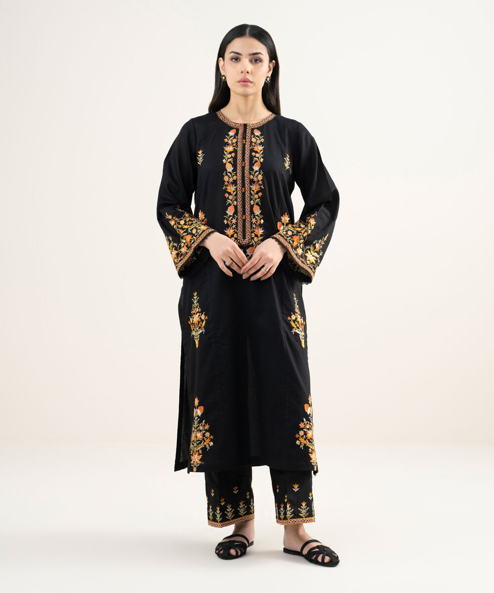Women's RTW Dobby Embroidered Black A-Line Shirt