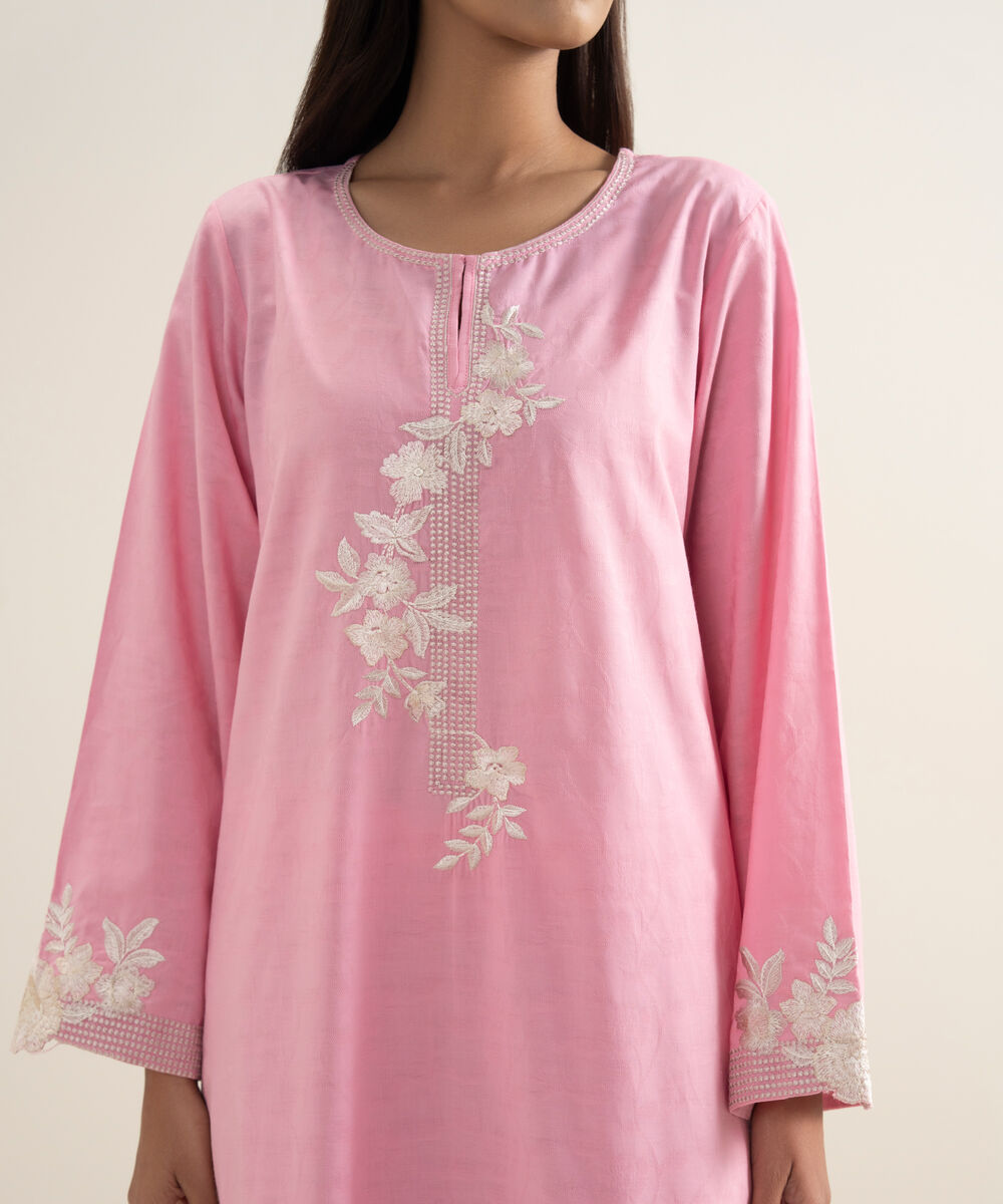Women's RTW Self Jacquard Embroidered Pink A-Line Shirt