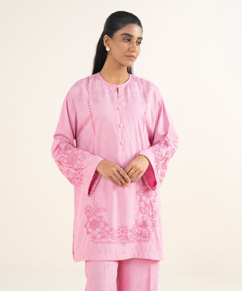 Women's RTW Self Jacquard Leno Embroidered Pink Drop Shoulder Shirt