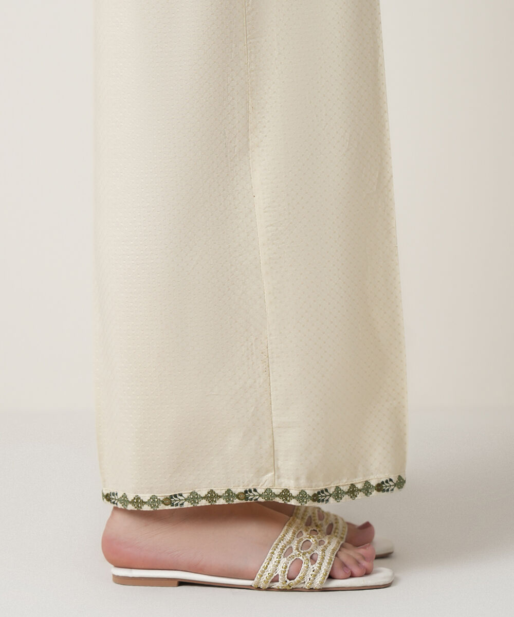 Women's RTW Textured Cotton Off White Embroidered Trousers