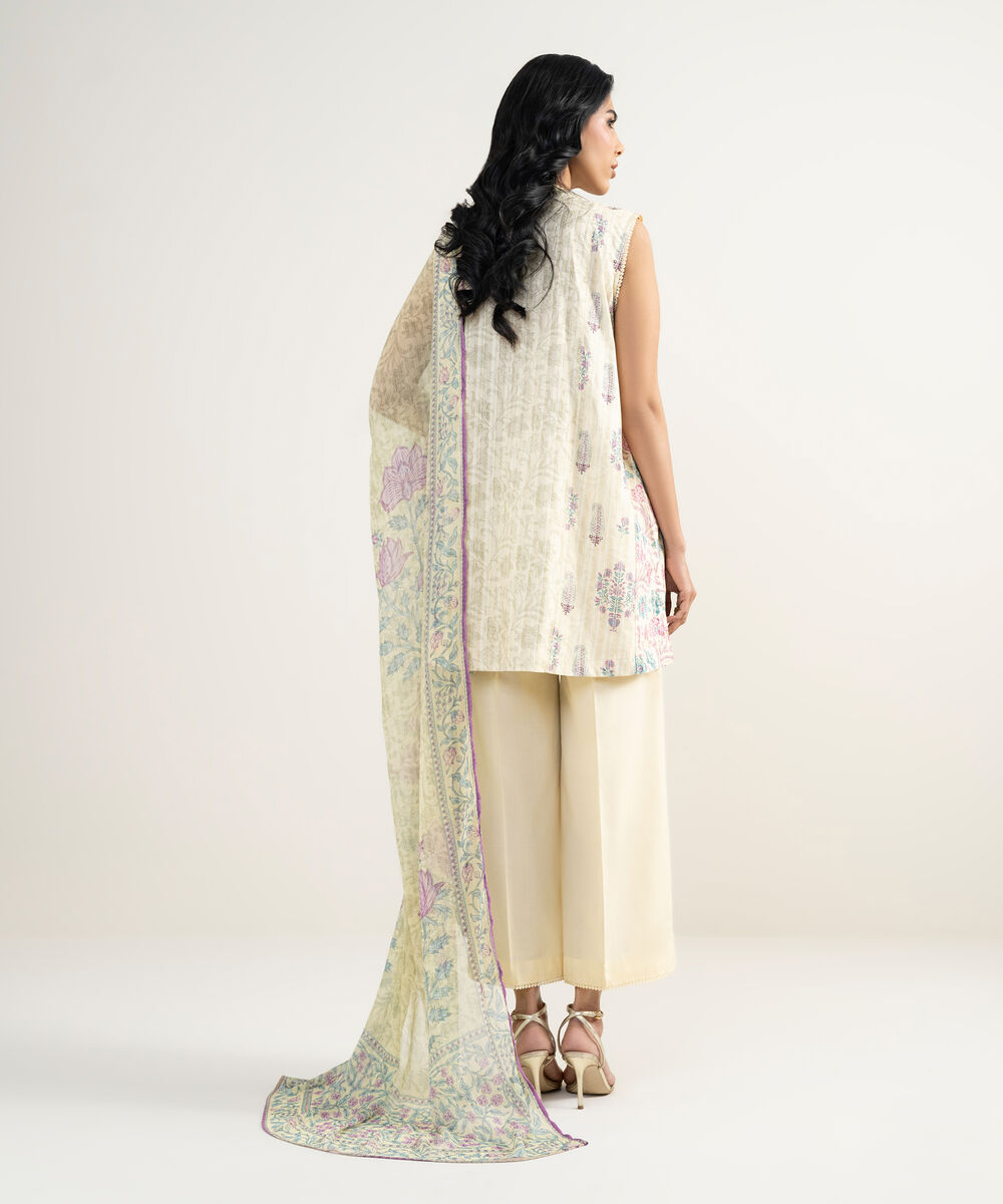 Women's RTW Cotton Embroidered Yellow 3 Piece Suit