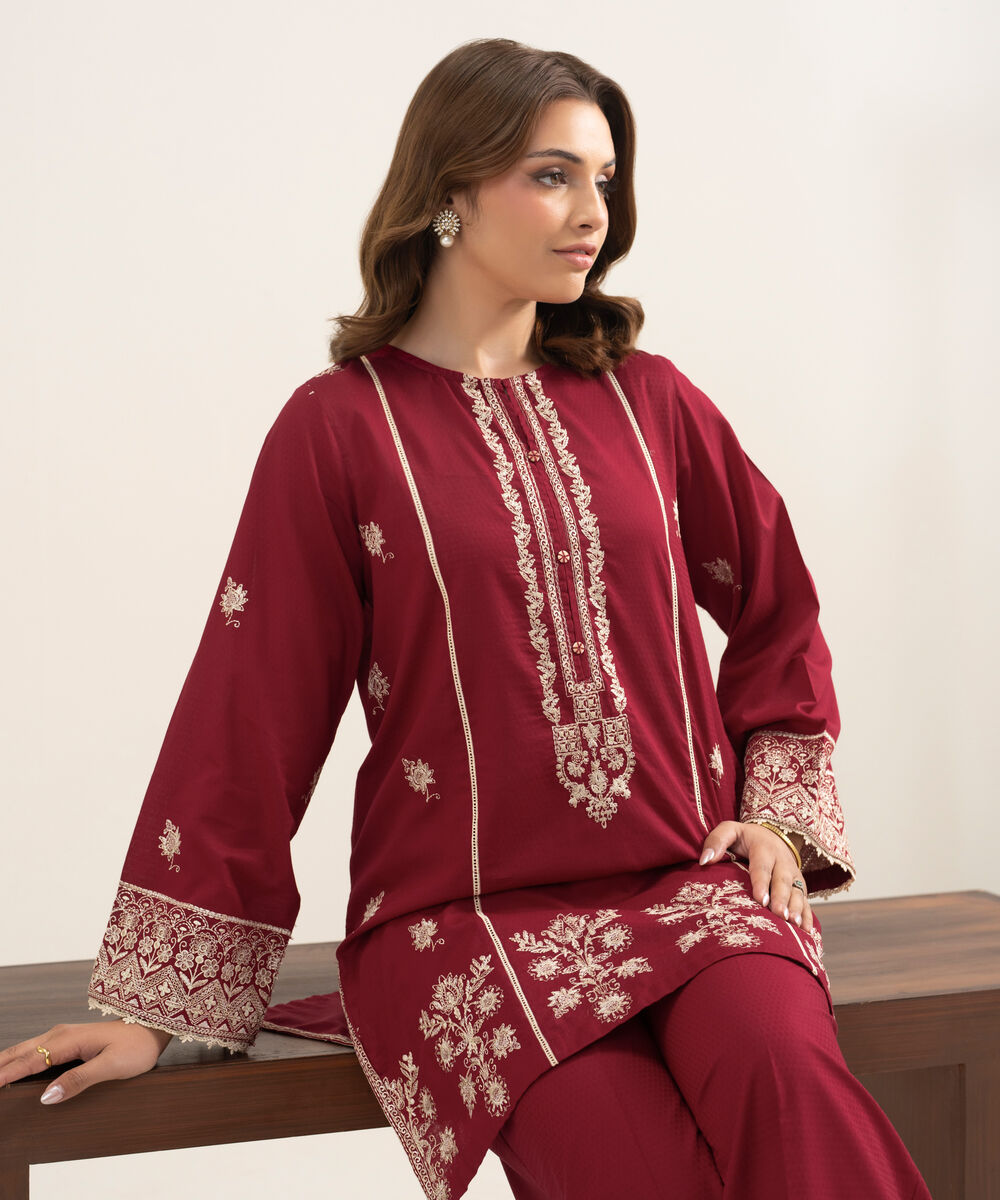 Women's RTW Dobby Embroidered Red Straight Shirt