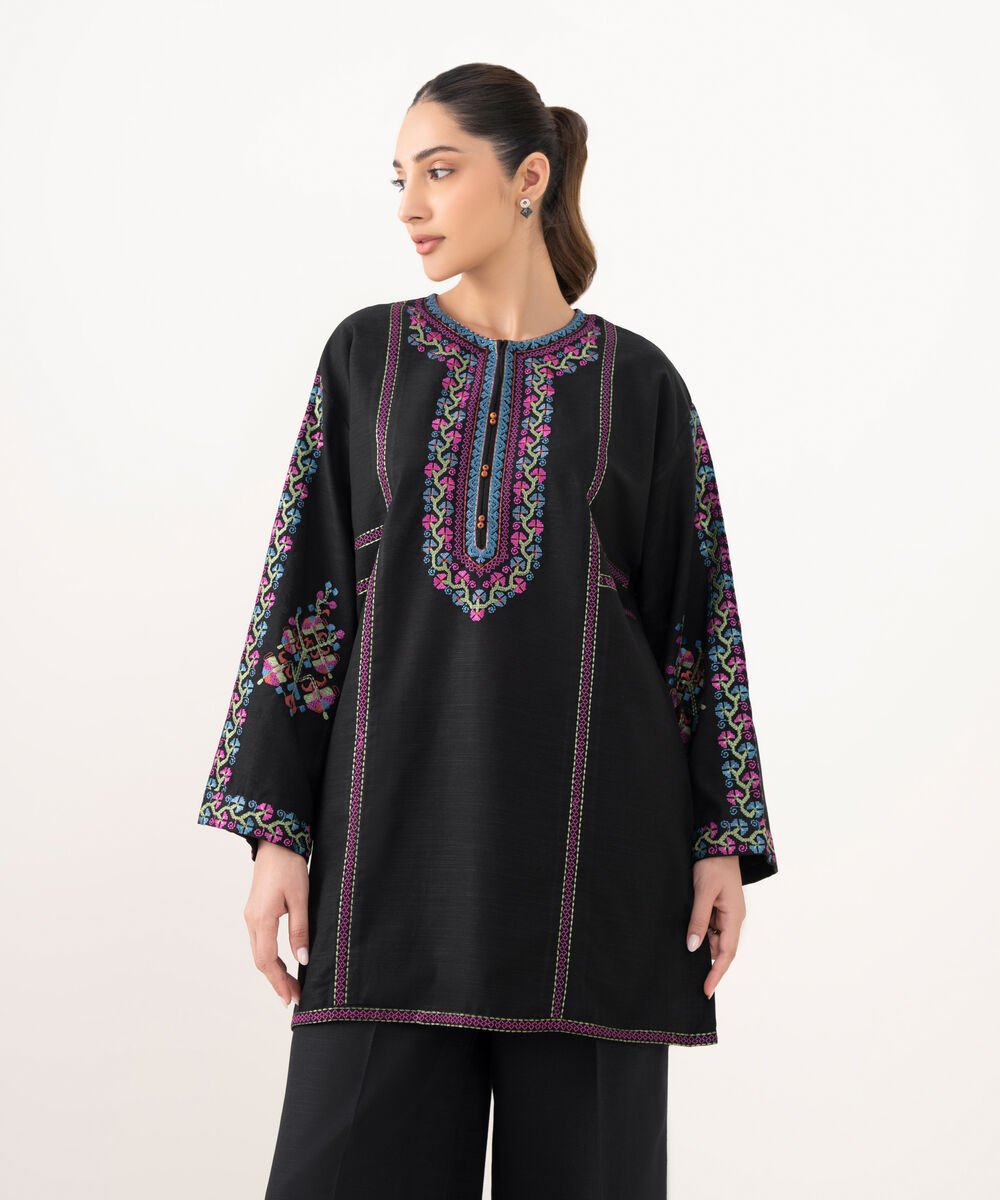 Women's RTW Cotton Embroidered Black Drop Shoulder Shirt