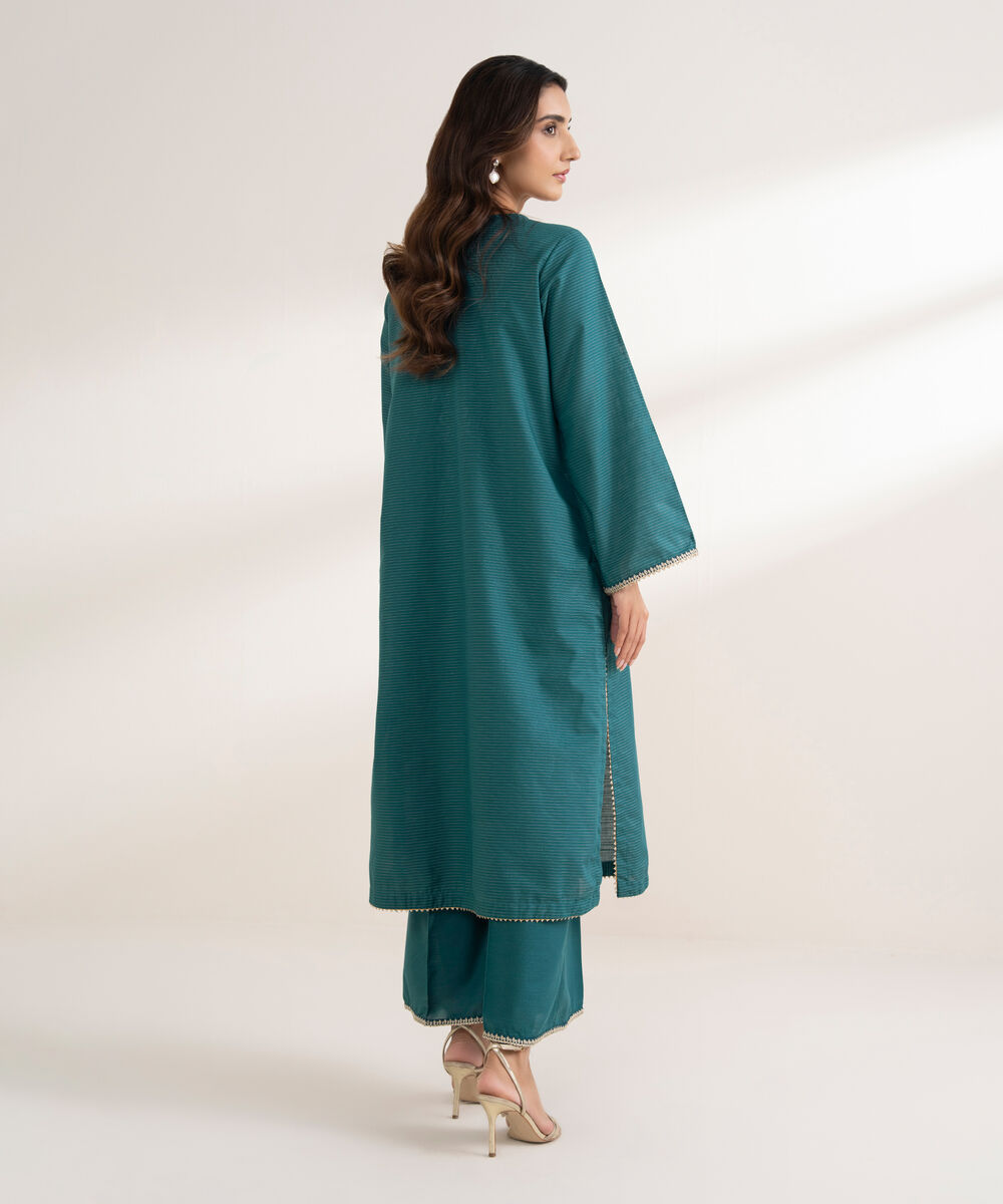 Women's RTW Zari Cotton Embroidered Straight Blue Shirt