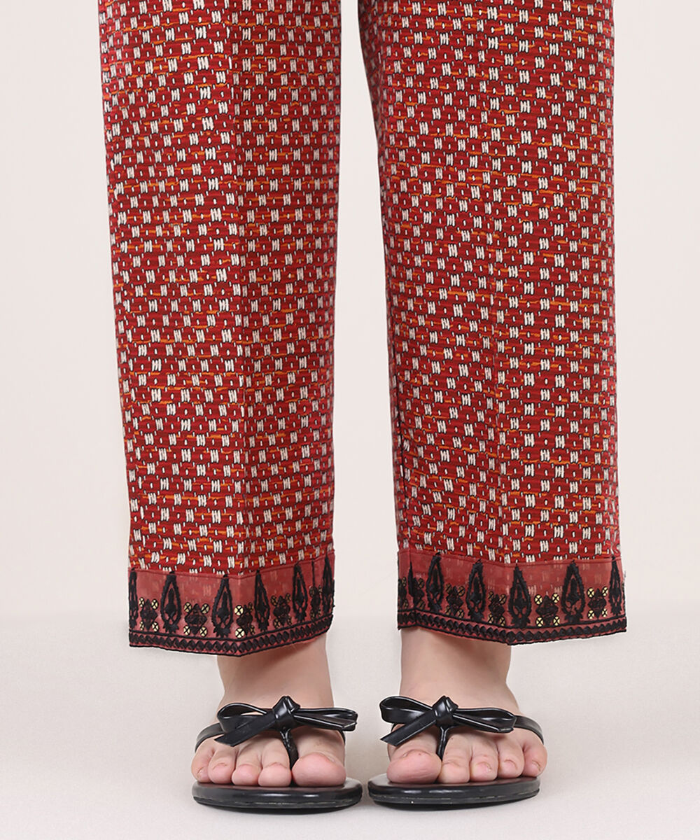 Women's RTW Cambric Red Embroidered Straight Pants