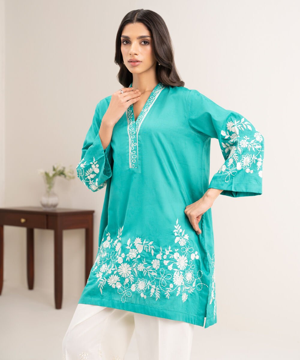 Women's RTW Self Jacquard Embroidered Green Straight Shirt
