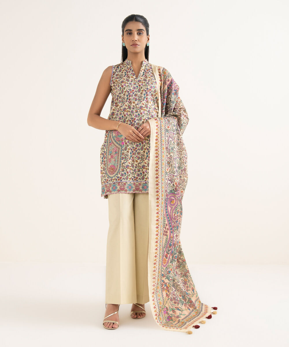 Women's Unstitched Cotton Printed Multi 3 Piece Suit
