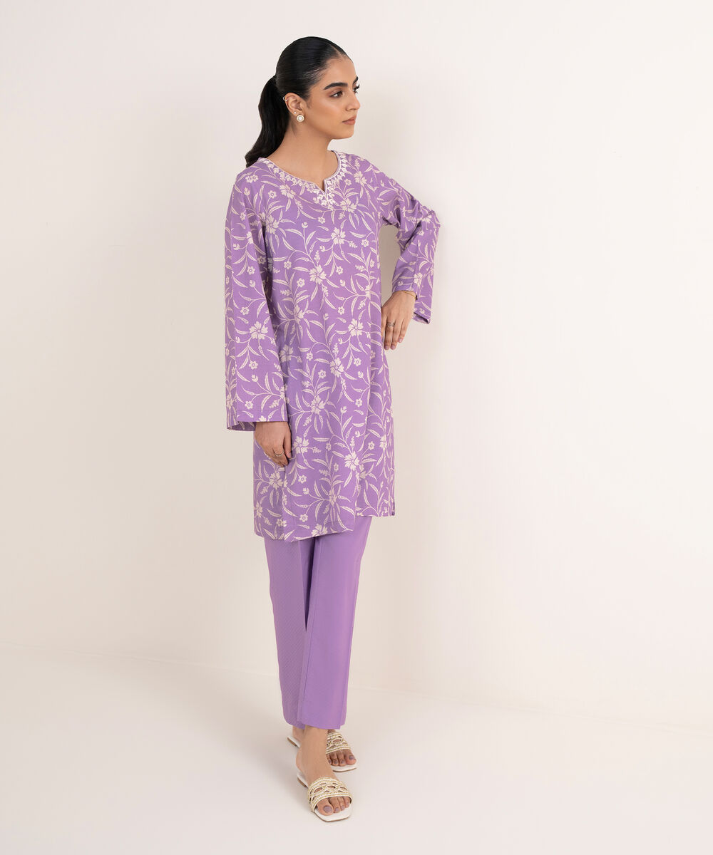 Women's RTW Textured Lawn Purple Embroidered A-Line Shirt