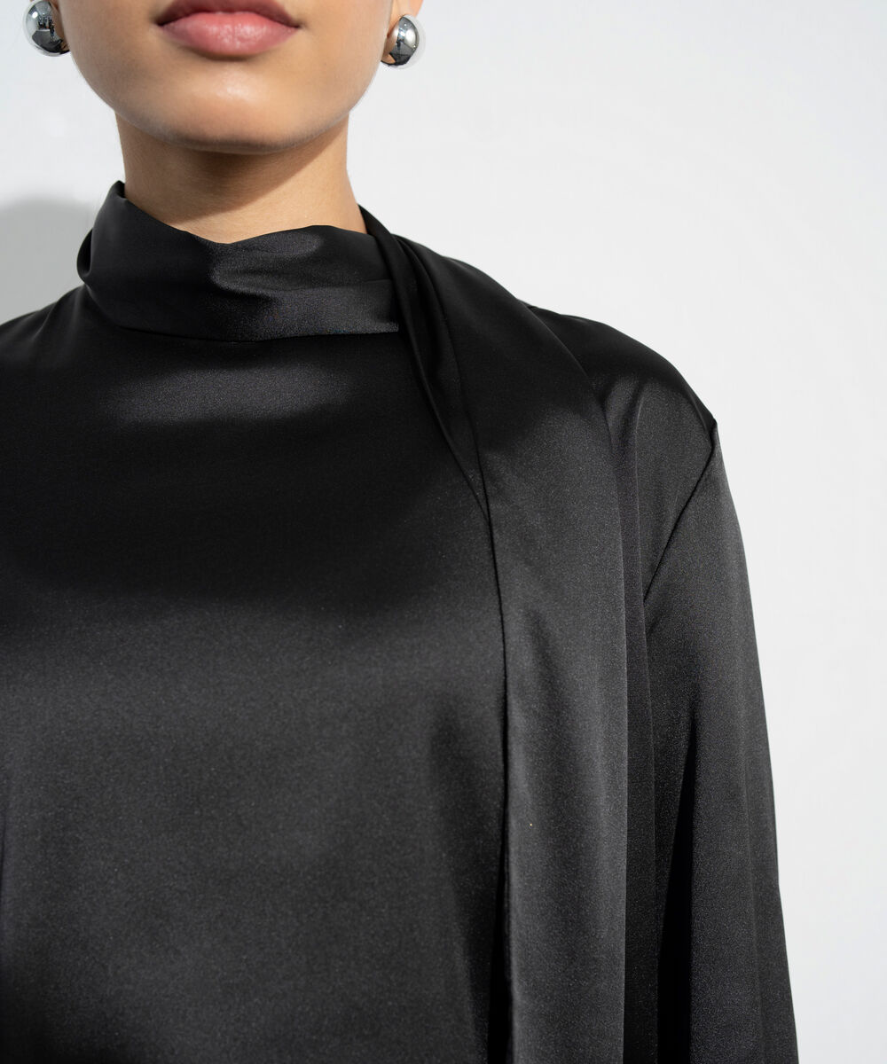 Women's Western Black Satin Blouse With Back Tie Detail