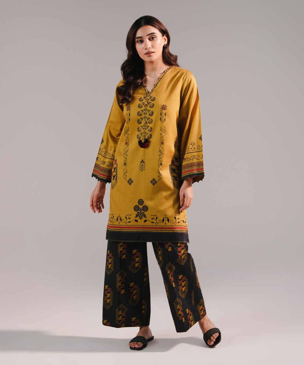 Women's RTW Cotton Satin Printed Mustard Straight Shirt