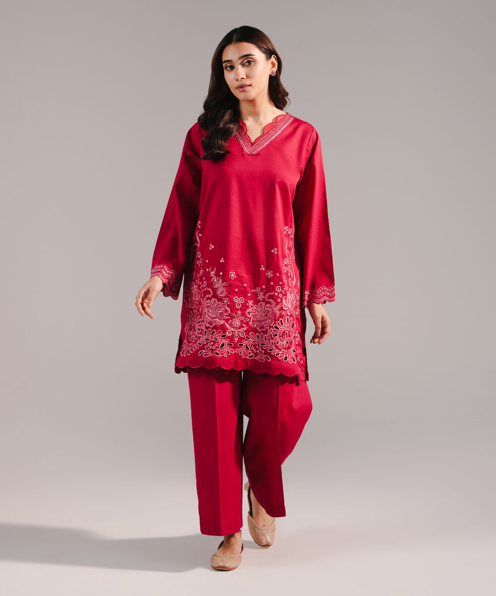 Women's RTW Crosshatch Embroidered Maroon Straight Shirt