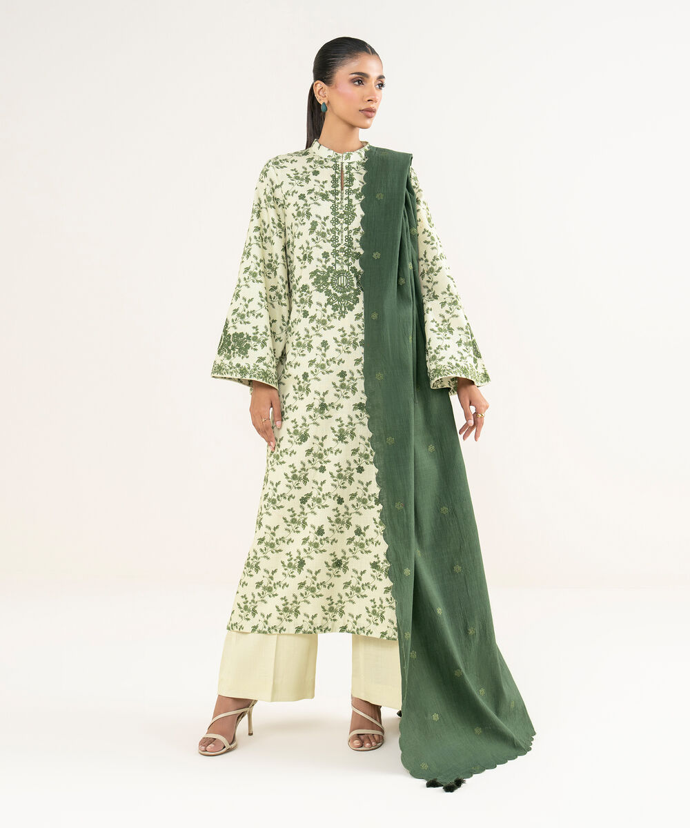 Women's Unstitched Cross Hatch Embroidered Green 3 Piece Suit