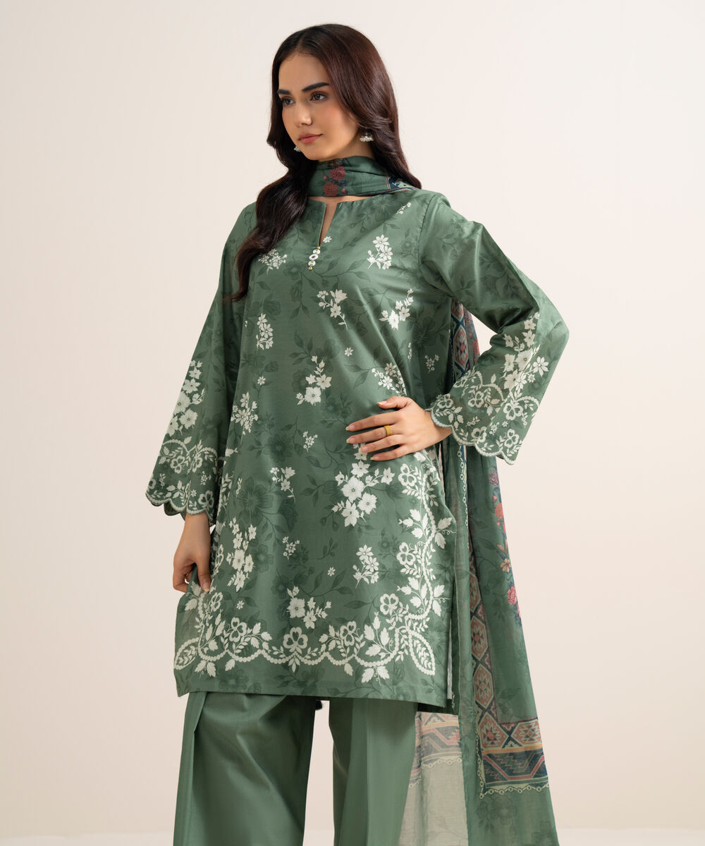 Women's Unstitched Printed Lawn Green 3 Piece Suit