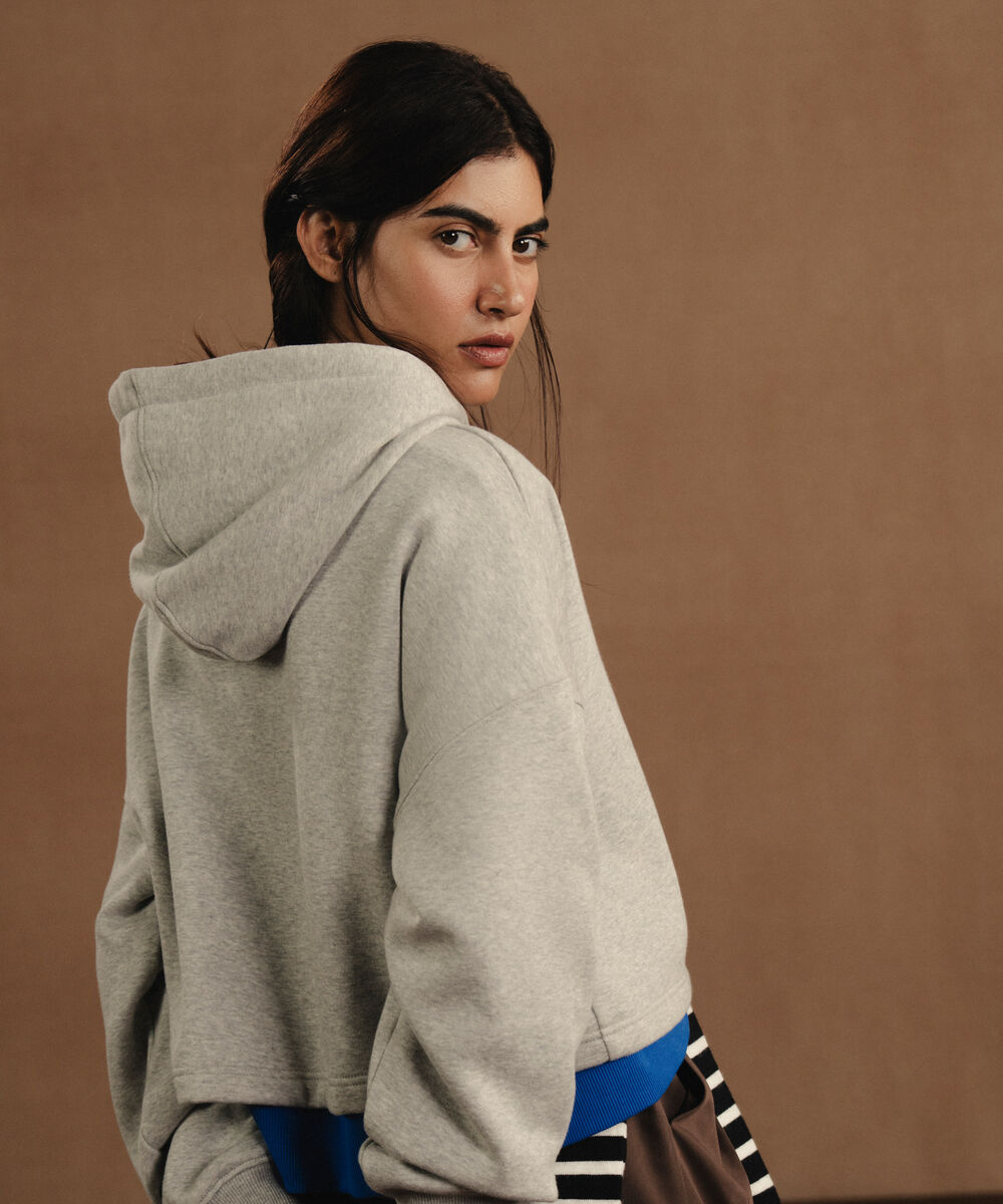 Women's Western Wear Grey Melange Cropped Fleece Hoodie