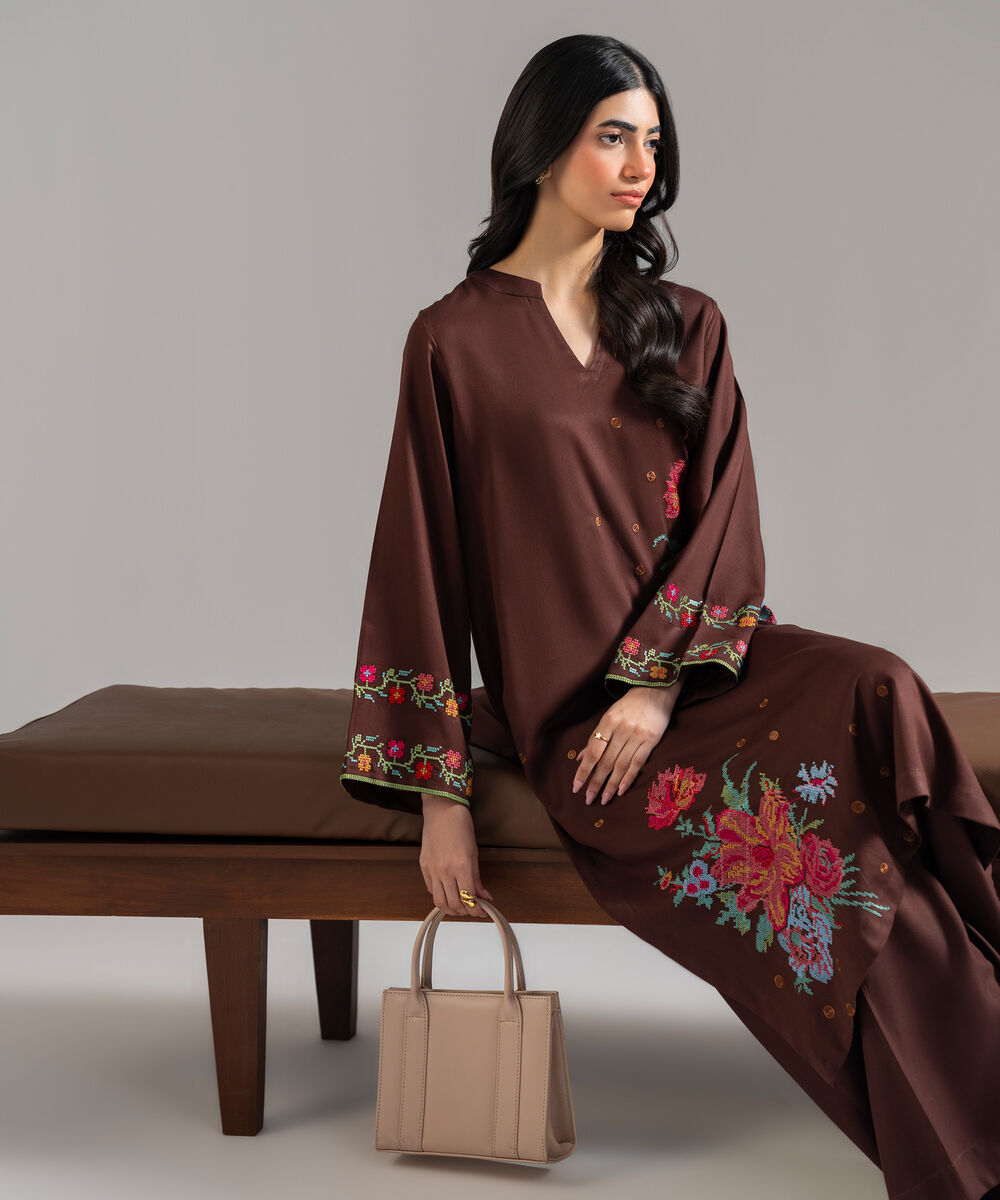 Women's RTW Bedford Solid Embroidered Brown Straight Shirt