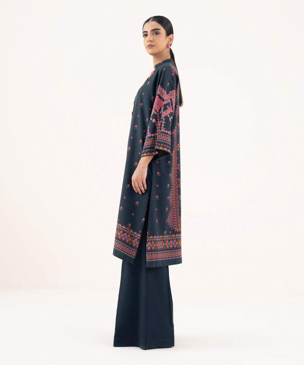 Women's Unstitched Cotton Printed Blue 2 Piece Suit