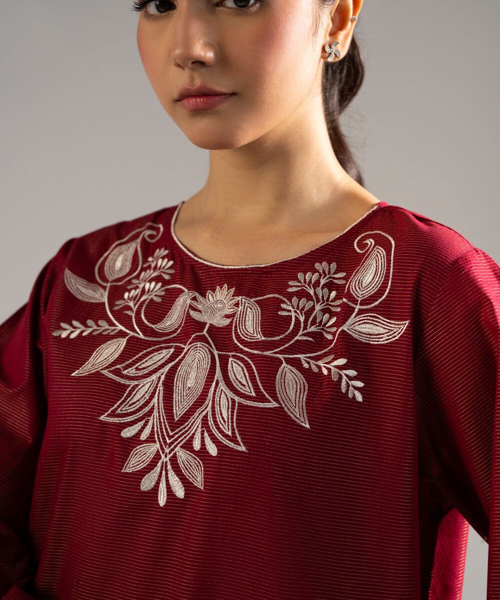 Women's RTW Zari Lawn Embroidered Red Straight Shirt