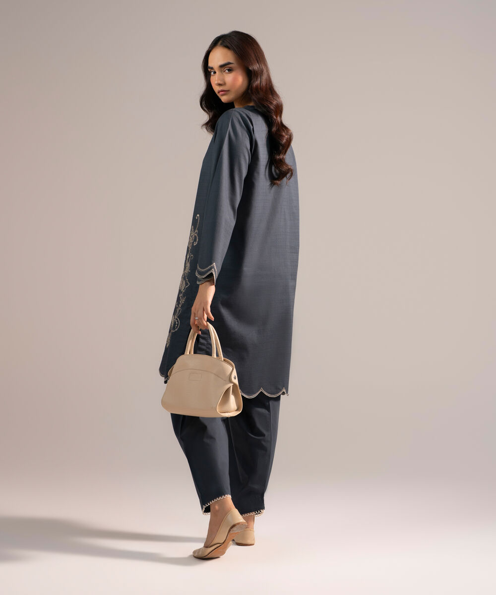 Women's RTW Dobby Embroidered Charcoal Grey Straight Shirt