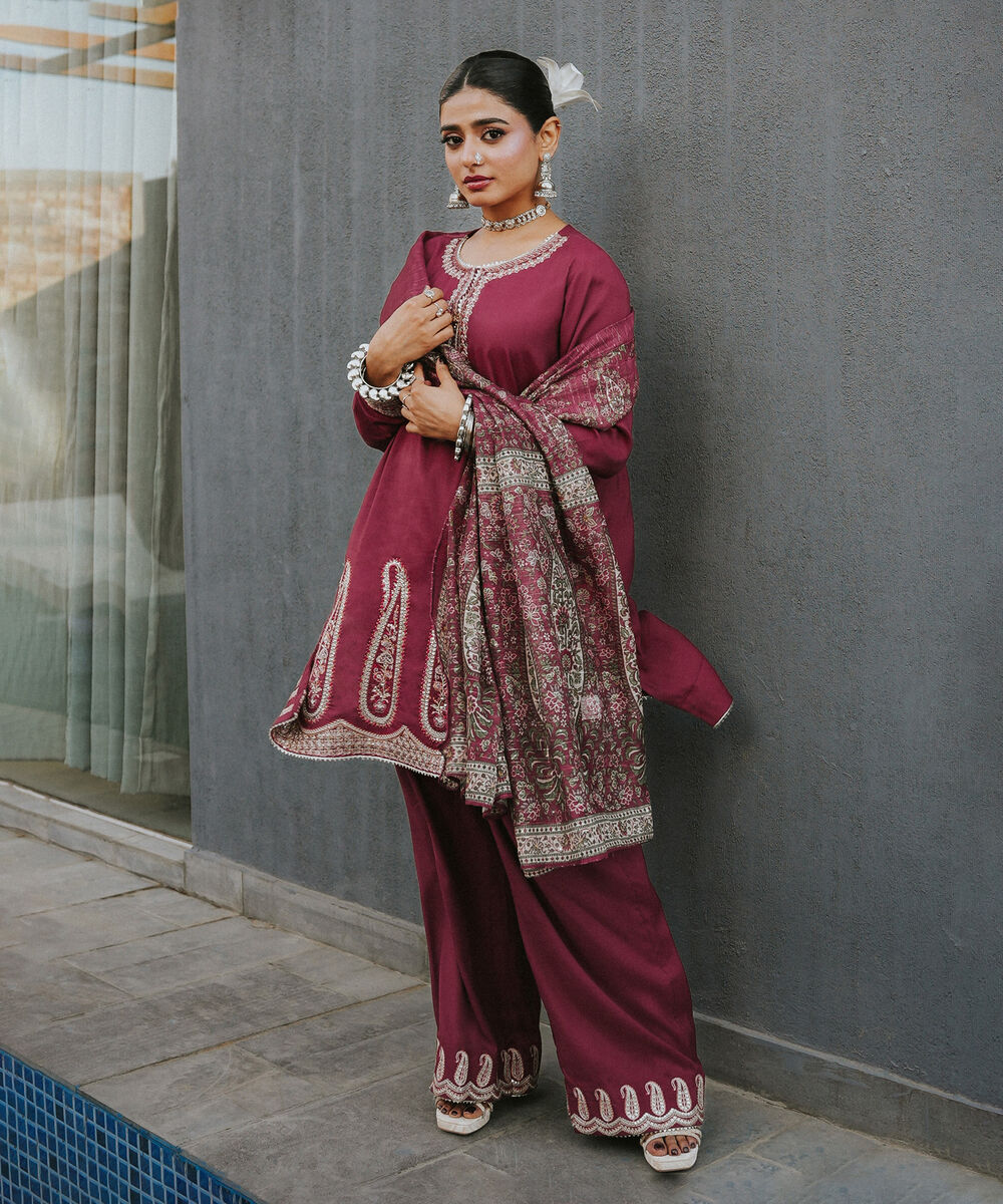 Women's RTW Viscose Raw Silk Embroidered Maroon 3 Piece Suit