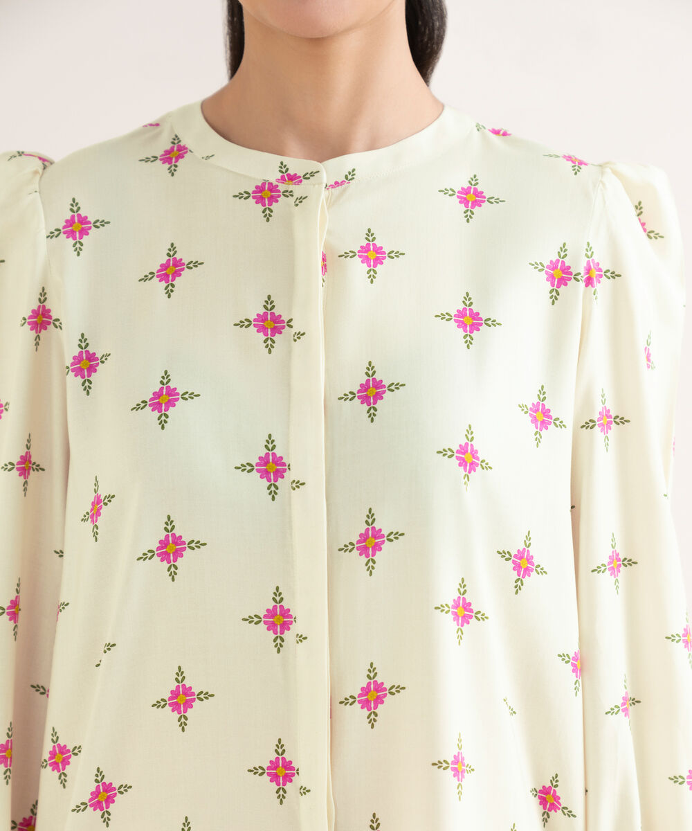 Women's RTW Linen Viscose Printed Off White Straight Shirt